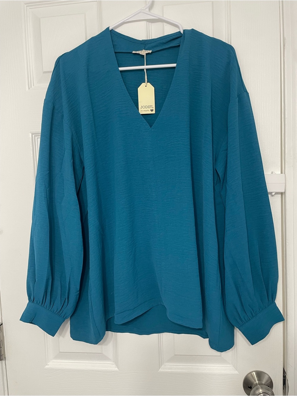 Jodifl V-Neck Blouse Crepe Blue- Long Sleeve Flowy Top Casual Dressy Women’s S